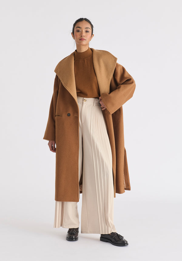 Two-Tone Double Breasted Wool Blend Coat in Brown Front